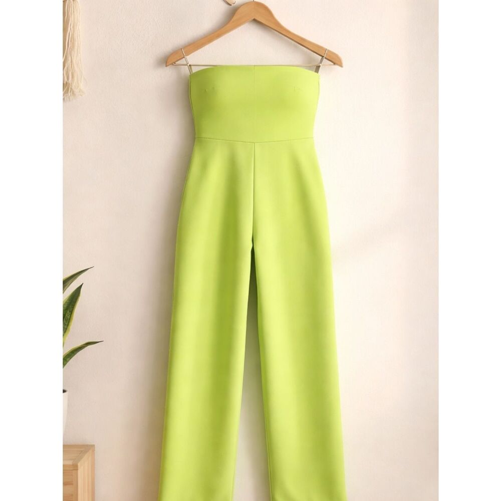 🛍️ FOREVER 21 Y2K Neon Lime Green Strapless Wide Leg Jumpsuit Jumper LARGE NWT - Picture 6 of 8